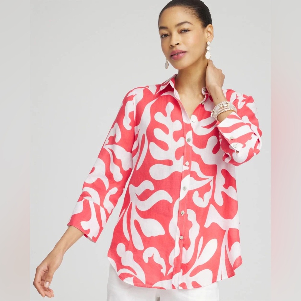 Linen Blouse Chicos No Iron Pink White Size 12